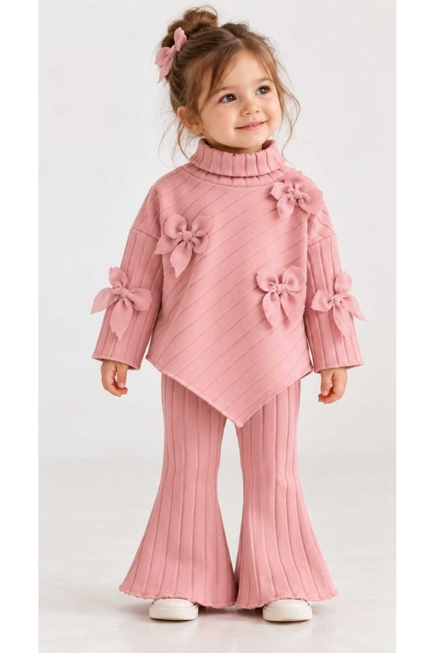 Girl's V-Neck Ribbed Knit Top with Bow Detail