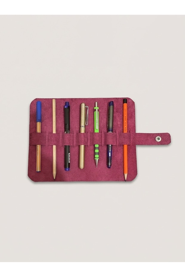 Genuine Leather Multi-Compartment Roll-Up Pen Holder - Snap-On Leather Pen Organizer and Case