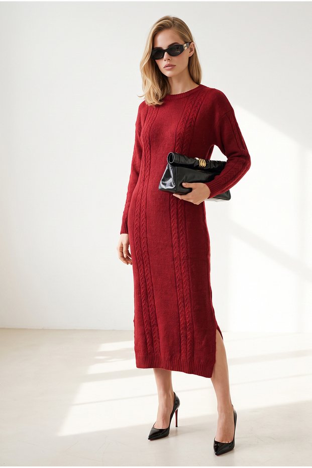 Women's Burgundy Geometric Striped Slit Midi Knit Dress Elb-19002693