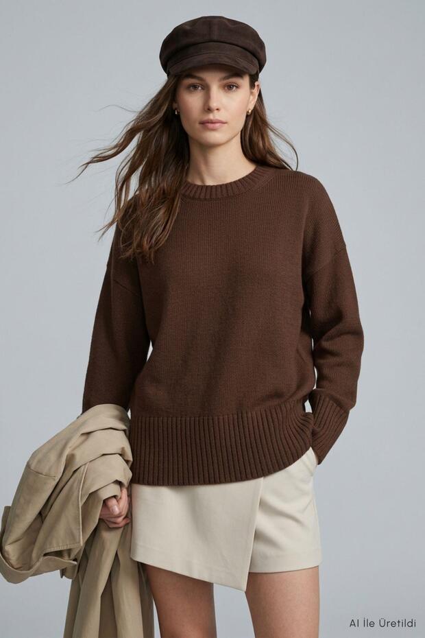 Crew Neck Oversized Knit Sweater 2521 Coffee