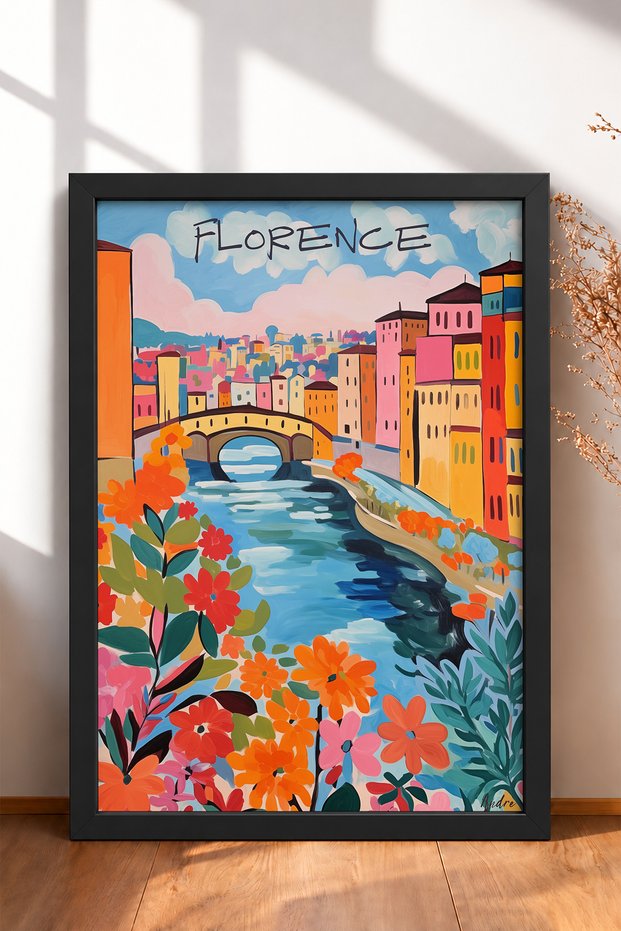 Florence, Stone Bridge, and Colorful Houses – Framed Painting, Italy Poster, Wall Decor, Itp173.