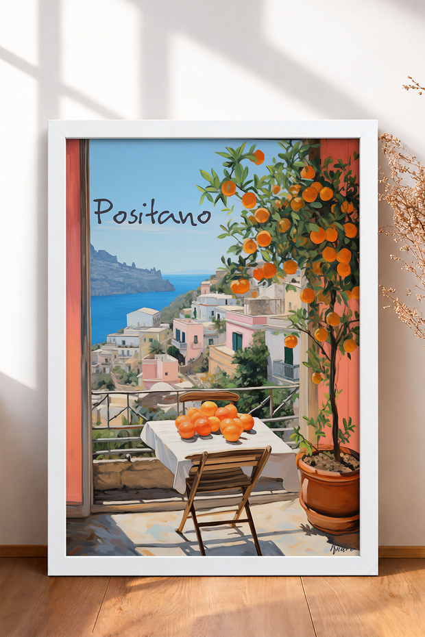 Positano Manzaralı Orange-Themed Framed Painting, Italy Poster, Living Room, Kitchen, Wall Decor, Itp193.