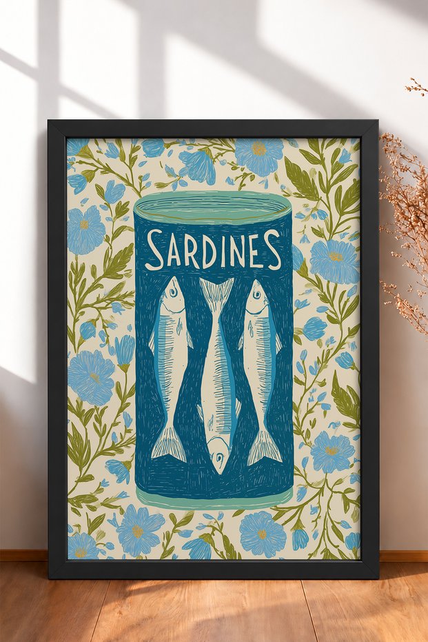 Sardines, Floral Pattern, Canned Food, Framed Painting, Italy Poster, Wall Decor, Itn009.
