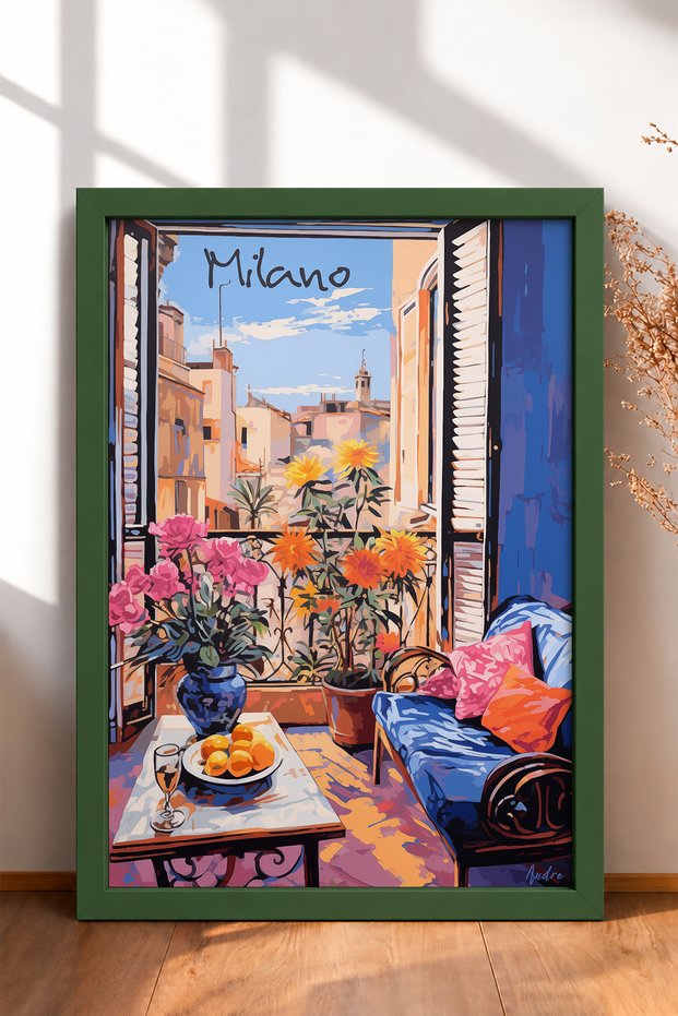Milan Balcony, Floral Seating Area, Framed Painting, Italy Poster, Wall Decor, Itp184.