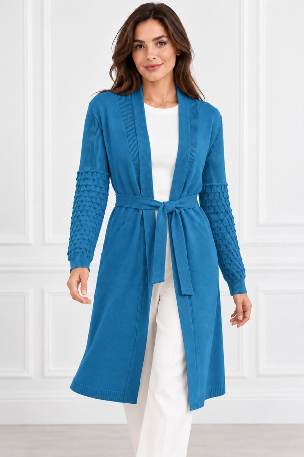 Women's Belted Long Sleeve Double Pocket Embossed Knit Pattern Stylish Casual Indigo Knitwear Long Cardigan