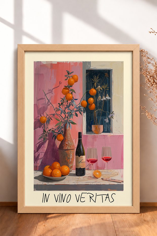 In Vino Veritas Wine and Orange Table Framed Poster, Italy Poster, Wall Decor, Itp175.