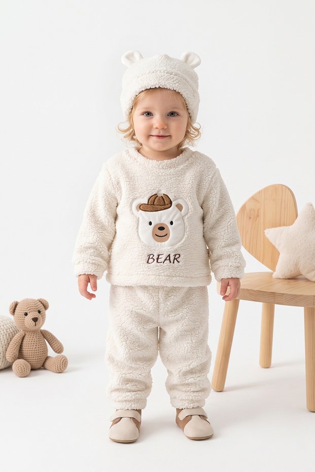 Baby Kids Plush 3-Piece Set: Winter Top, Pants, and Plush Outfit with Bear Design and Ear-Flap Hat, 6-18 Months.