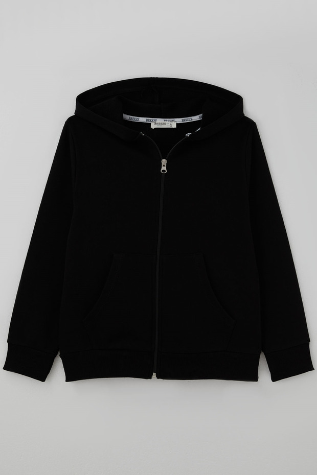 Boys' Zippered Hooded Sweater with Pockets, Ages 6-10, Black.