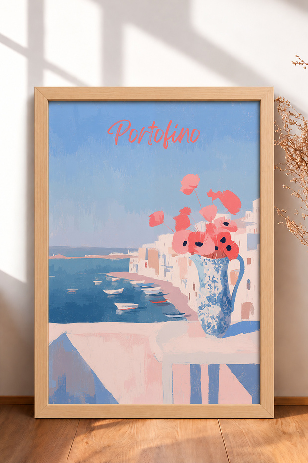 Portofino Coast and Poppies in a Pitcher – Framed Painting, Italy Poster, Wall Decor, Itn016.