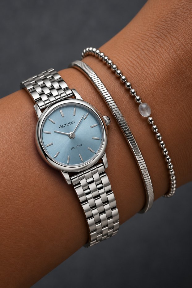 Milano Women's Silver-Colored Metal Strap Watch with Ice Blue Dial and Round Case - Minimalist Design - 30 Mm.