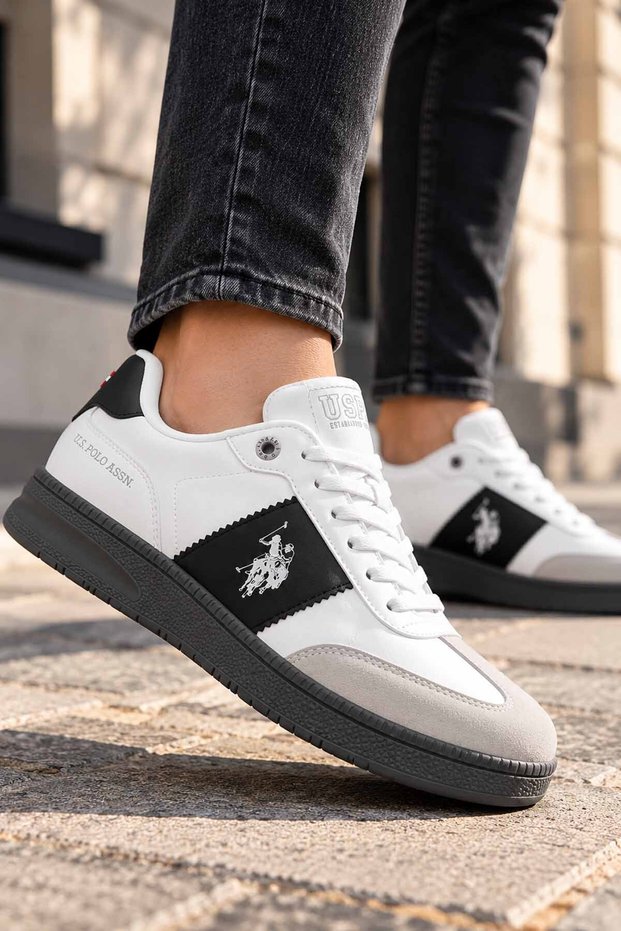Men's White Sports Shoes with Black Accents, Lace-Up Casual Sneakers.