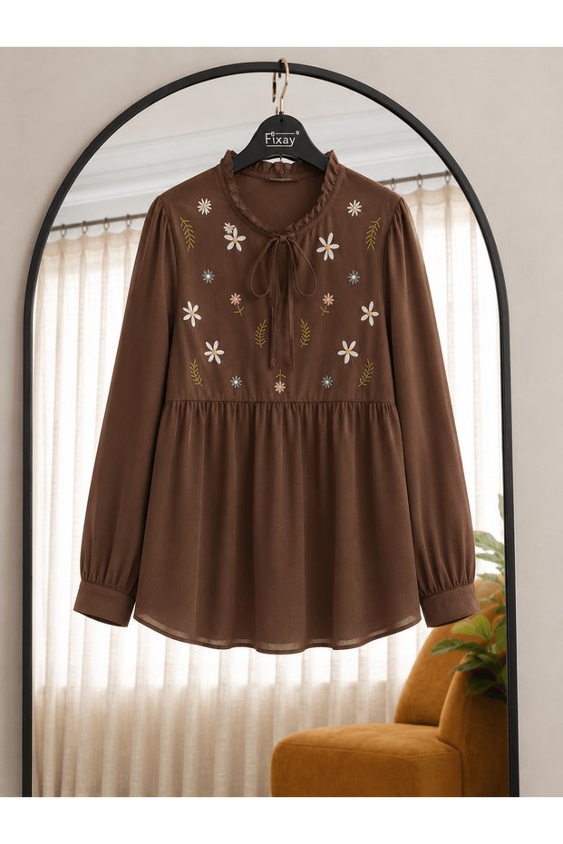 Floral Embroidered Tunic with Tie-Neck Detail - 8051 - Coffee Color