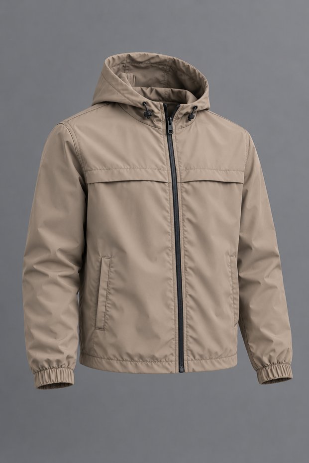 Men's Spring Beige Raincoat with Stand-Up Collar, Hood, and Zipper.