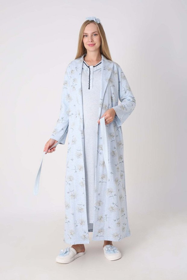 Pregnant and Postpartum Nightgown and Robe Set, 2-Piece, with Ruffled Collar, Buttoned, Nursing-Friendly, Floral Pattern.