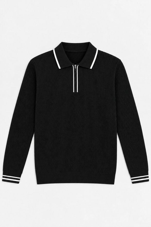 Men's Zippered Contrast Detail Sweater, Black, Eca099.