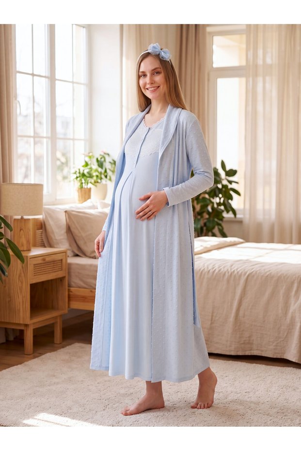 New Season Blue Winter Jacquard Long-Sleeved Maternity Robe with Easy Breastfeeding Feature, 2-Piece Set.