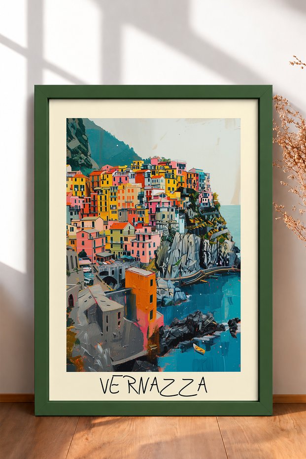 Vernazza Village and Turquoise Sea Framed Painting, Italy Poster, Living Room, Kitchen, Wall Decor, Itp205.
