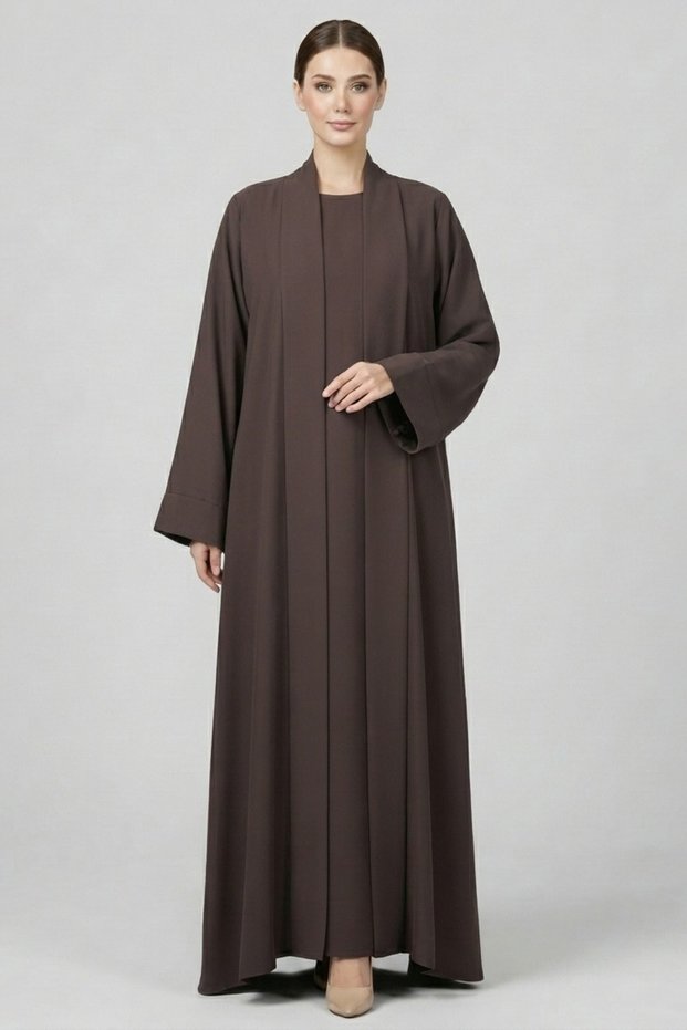 Premium Coffee 3-Piece Open-Front Abaya Set with Inner Dress & Hijab