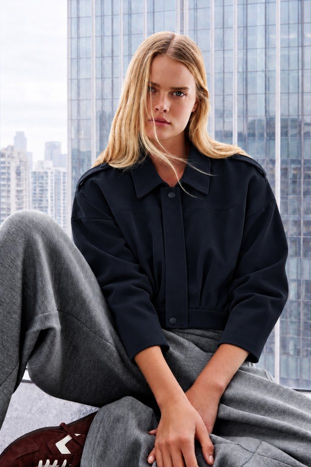 Women's Button-Down Shirt Collar Crop Oversized Seasonal Navy Blue Jacket