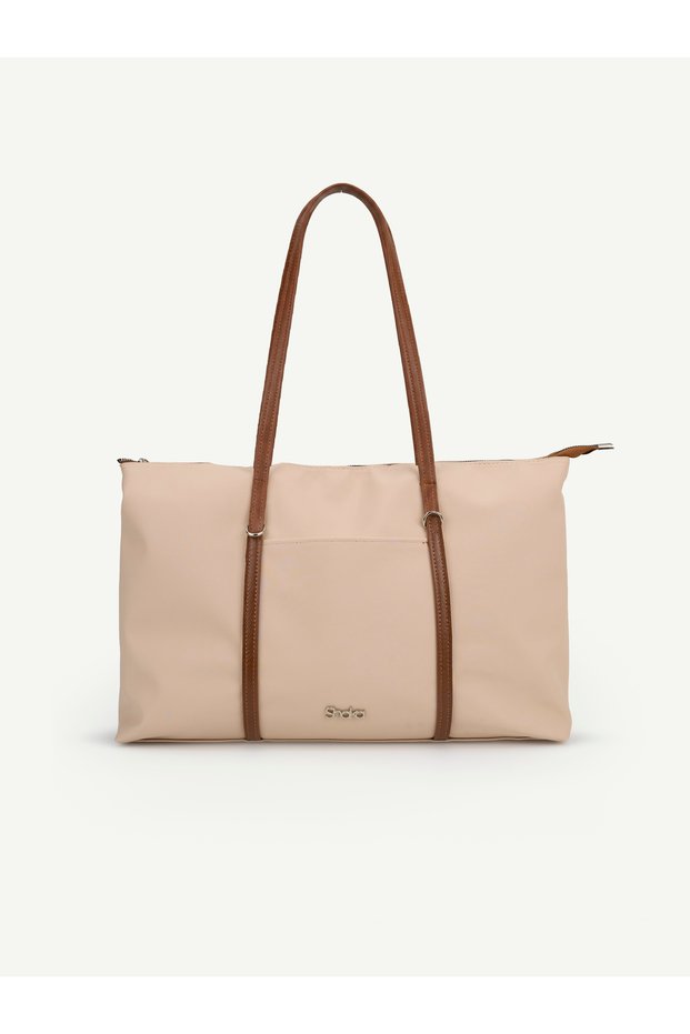 Cream - Taba Shk357 Large Capacity, with Strap, with Zipper, Everyday Shopper Shoulder Bag.
