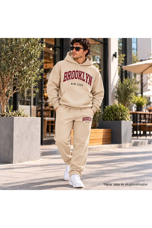 Men's Bitter Coffee College Style Brooklyn Typography Printed Sweatshirt Set - Relaxed Fit, 2-Piece Set.