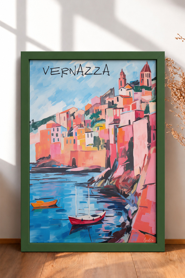 Vernazza in the Bay, Red Sailboat Framed Painting, Italy Poster, Living Room, Kitchen, Wall Decor, Itp206.