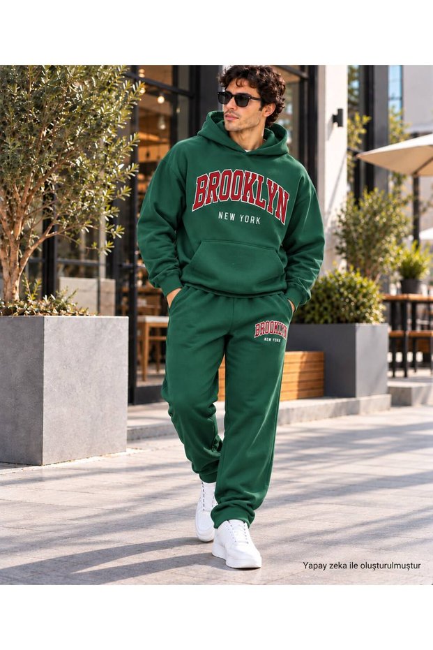 Men's Bitter Coffee College Style Brooklyn Typography Printed Sweatshirt Set - Relaxed Fit, 2-Piece Set.