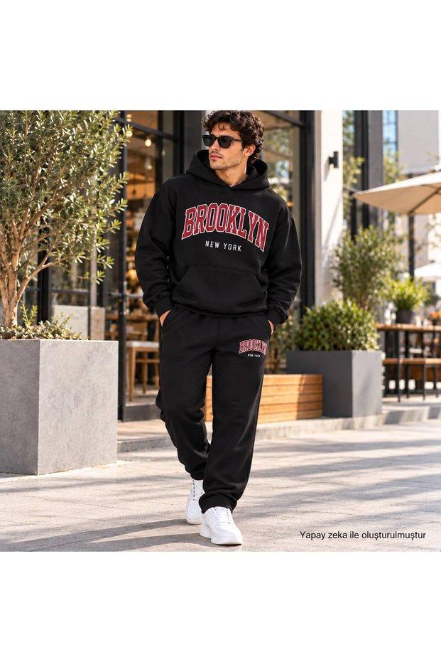 Men's Bitter Coffee College Style Brooklyn Typography Printed Sweatshirt Set - Relaxed Fit, 2-Piece Set.