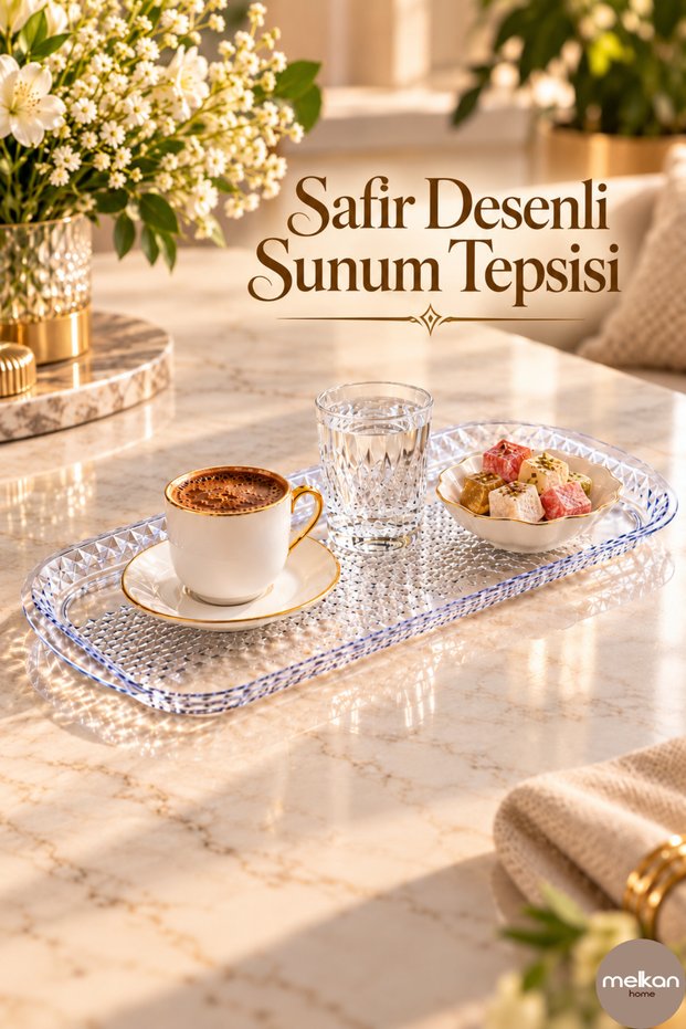 Sapphire Patterned Rectangular Serving Tray 35X15.5 cm – Transparent Mini Tray for Coffee, Tea, and Serving.