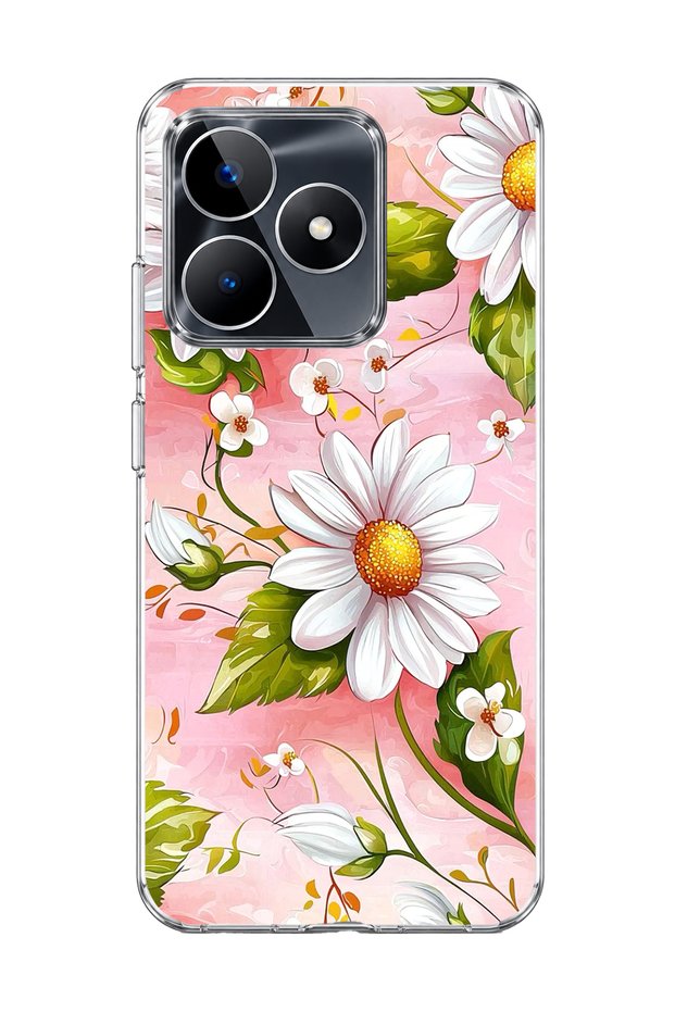 Realme C53 Compatible Transparent Phone Case with Daisy Pink Print.
