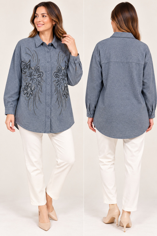 Women's Oversized Embroidered Shirt Tunic with Floral Pattern and Stone Details, Long Sleeves.