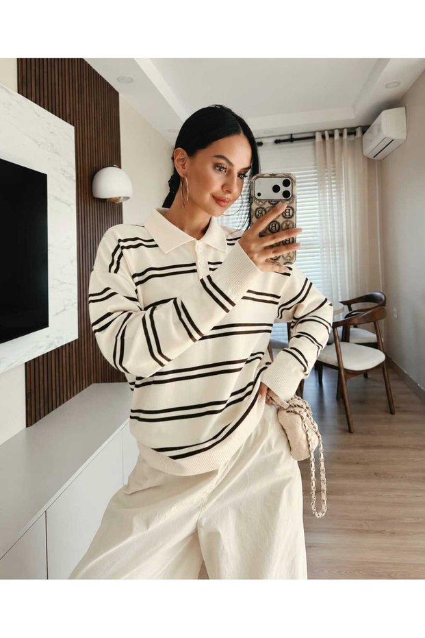 Women's Thin Striped Polo Collar Buttoned Comfortable Fit Long Sleeve Knitwear Sweater