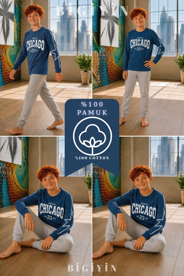 Boys' Pajama Set, 100% Cotton Interlock, Long-Sleeved Winter Pajamas for Children, Ages 6-15.