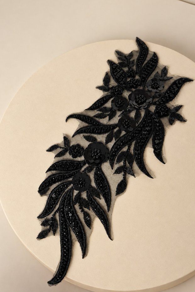 Beaded and Sequin Embellished Floral Leaf Motif Lace Applique