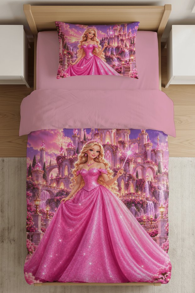 Princess Castle Pattern Digital Print Single Bedding Set for Girls - Without Sheets