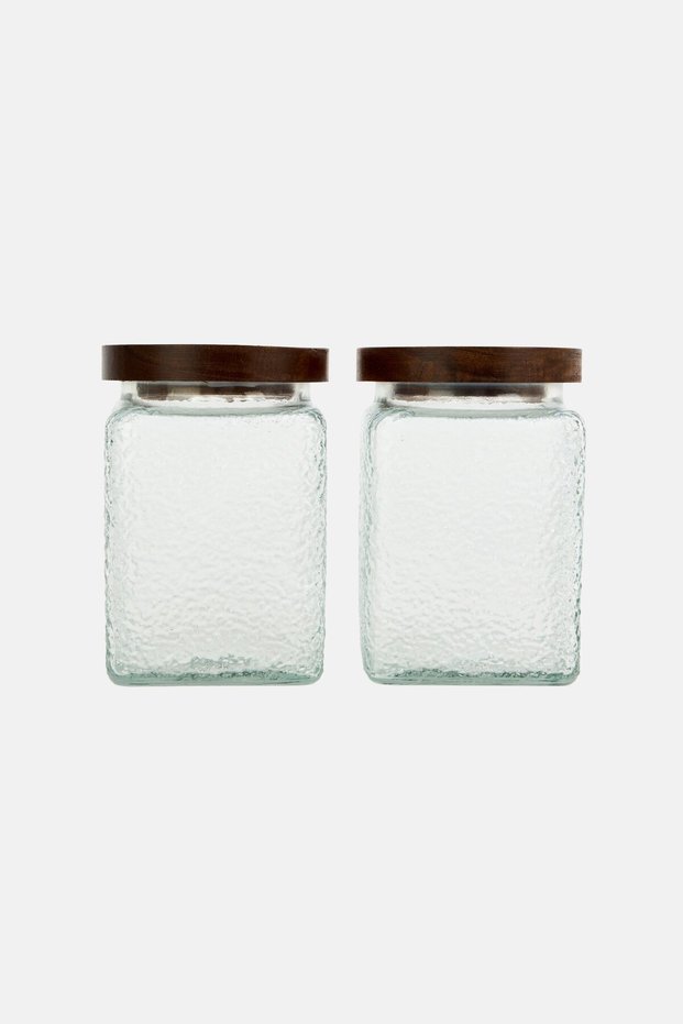 2 Piece Pebbled Textured Glass Jar Set With Acacia Lids 701 ml, Transparent
