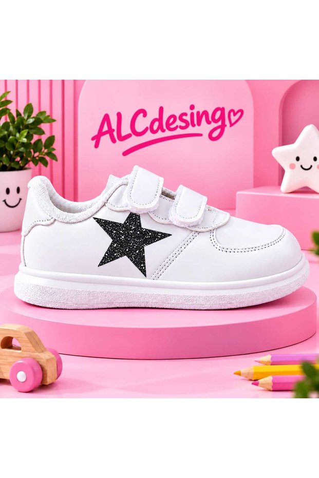Girls' White Velcro Sports Shoes – Printed Detail Casual Sneakers
