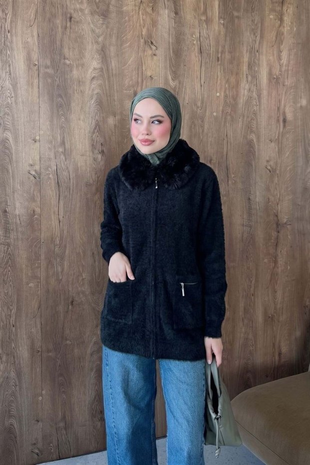 Filiz Angora Pocketed Jacket, Black