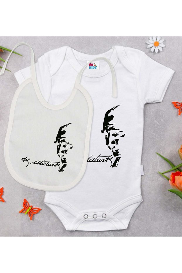 BK Kids Atatürk-Themed White Baby Bodysuit and Bib Gift Set-21, 3–6 Months