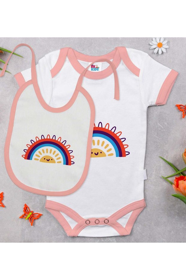 BK Kids Rainbow-Printed Pink Baby Bodysuit and Bib Gift Set-1, 12–18 months