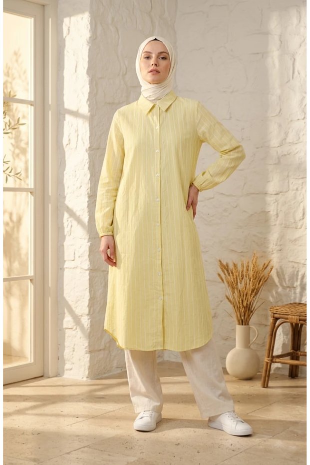 Muslin Fabric, Button-Down Striped Tunic 0342-12, Lemon Yellow.