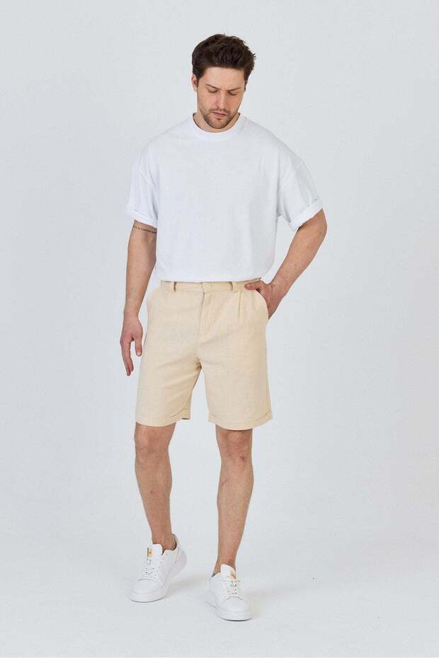 Zippered Linen Shorts with Single Back Pocket-Beige