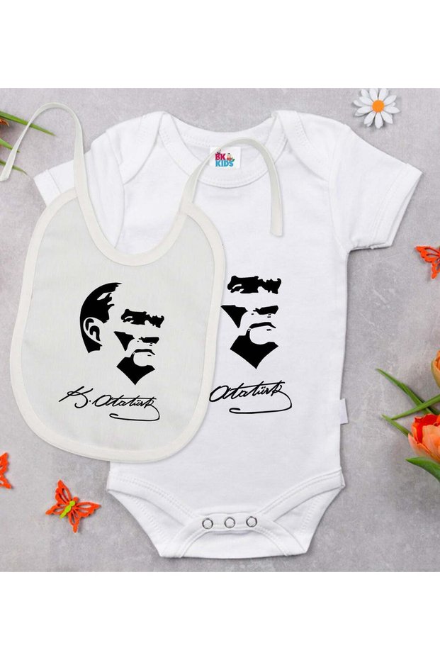 Bk Kids Atatürk-Themed White Baby Bodysuit and Bib Gift Set - 24, 0-3 Months.