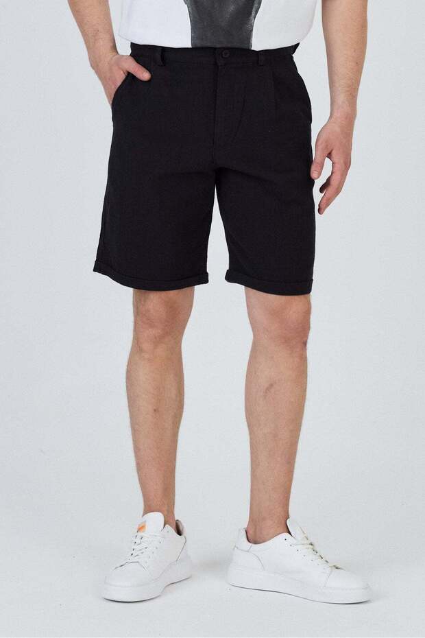 Zippered Linen Shorts with Single Back Pocket-Black