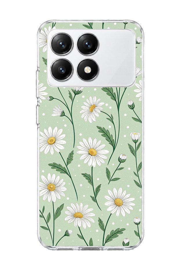 Poco X6 Pro Compatible Transparent Phone Case with Daisy Green Print.