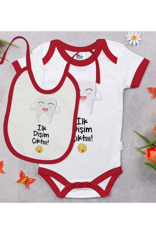 Bk Kids First Tooth Design Red Baby Bodysuit and Bib Gift Set - 1, for Ages 6-9 Months.