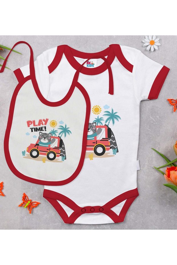 Bk Kids Play Time Designed Red Baby Bodysuit and Bib Gift Set - 1, for Ages 12-18 Months.