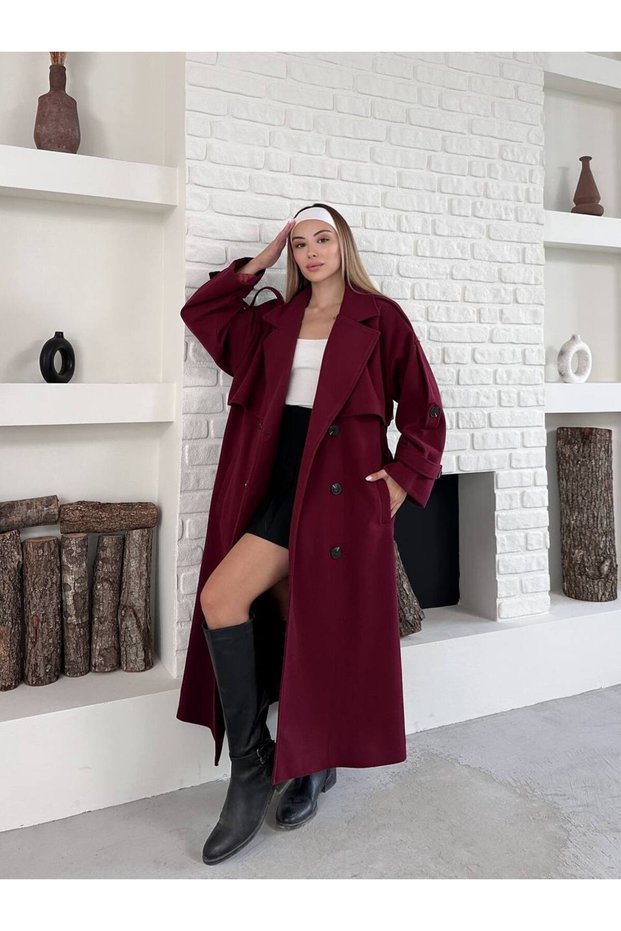 Women's Long Cashmere Coat with a Wrap-Style Collar and Belt Detail (Premium)