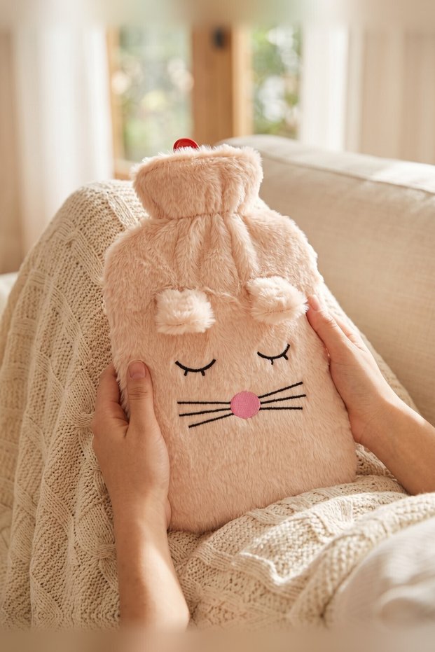 Hot Water Bottle, 2 L, with Plush Cover, Embroidered with a Powder-Colored Cat Design, Large-Size Hot Water Bottle