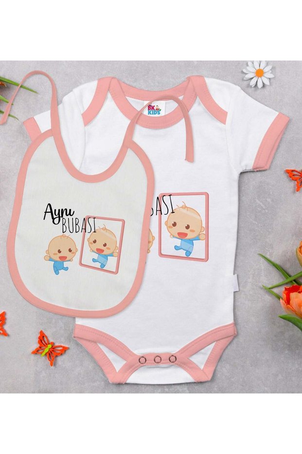 Bk Kids Pink Baby Bodysuit and Bib Gift Set with the Same Bubá Design - 1, for Ages 12-18 Months.